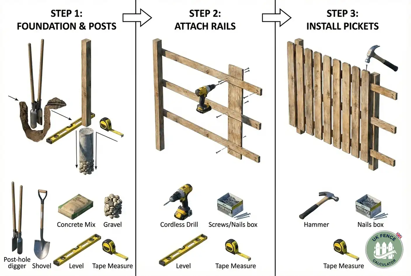 Timber fence installation timeline with tools